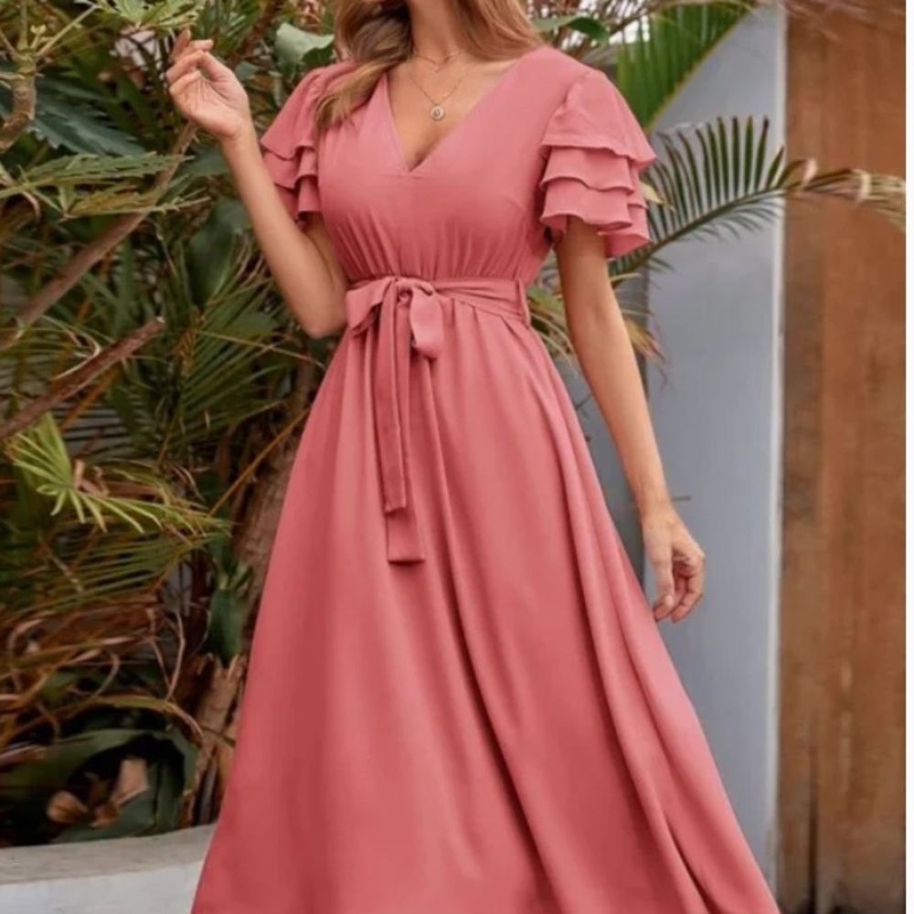 Boho Rust V neck layered Sleeve Midi Dress - Picture 12 of 15
